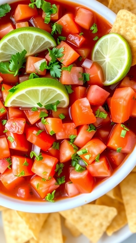 A bowl of fresh tomato salsa with tortilla chips on the side, garnished with lime.
